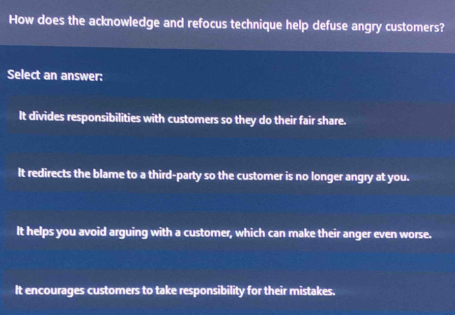 Solved: How does the acknowledge and refocus technique help defuse ...