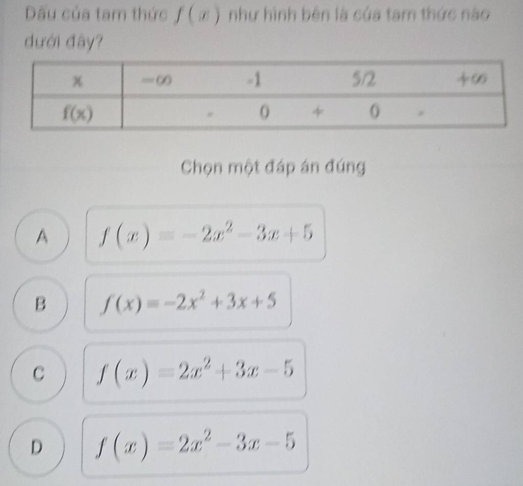 Dấu của tam thức f(x) như hình bên là của tam thức nào
dưới đây?
Chọn một đáp án đúng
A f(x)=-2x^2-3x+5
B f(x)=-2x^2+3x+5
C f(x)=2x^2+3x-5
D f(x)=2x^2-3x-5