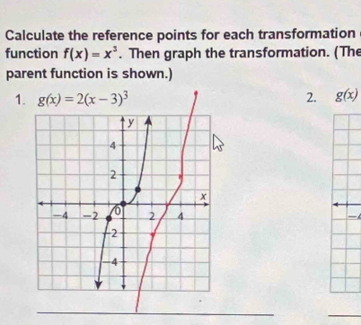 Calculate the reference points for each transformation 
function f(x)=x^3. Then graph the transformation. (The 
parent function is shown.) 
1. g(x)=2(x-3)^3 2. g(x)