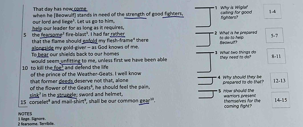 That day has now come 1 Why is Wiglaf 
when he [Beowulf] stands in need of the strength of good fighters, calling for good 1-4
our lord and liege¹. Let us go to him, fighters? 
help our leader for as long as it requires, 
5 the fearsome² fire -blast^3. I had far rather 2 What is he prepared 5-7
that the flame should enfold my flesh-frame⁴ there Beowulf? to do to help 
alongside my gold-giver - as God knows of me. 
To bear our shields back to our homes 3 What two things do 
would seem unfitting to me, unless first we have been able they need to do? 8-11
10 to kill the foe⁵ and defend the life 
of the prince of the Weather-Geats. I well know 
that former deeds deserve not that, alone 4 Why should they be 
of the flower of the Geats⁶, he should feel the pain, prepared to do that? 12-13
sink’ in the struggle; sword and helmet, 5 How should the 
warriors present
15 corse let^8 and mail-shirt^9 , shall be our common gear^(10). themselves for the 14-15
coming fight? 
NOTES 
1 liege. Signore. 
2 fearsome. Terribile.