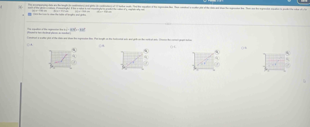 The accompanying data are the fength (in centimeters) and girths (in centimeters) of 12 harbor seals. Find the equation of the regression line. Then construct a scatter plot of the data and draw the regression line. Then use the regression equation to predict the valu of y f 
each of the given x -values, if meaningful. If the x -value is not meaningful to predict the value of y, explain why not 
(a) x=140cm (b) x=172cm (c)x=164cm
Click the icon to view the table of lengths and girths (d) x=158cm
The equation of the regression line is hat y=070°x+927°
(Round to two decimal places as needed ) 
Construct a scatter plot of the data and draw the regression line. Plot length on the horizontal axis and girth on the vertical axis. Choose the correct graph befow. 
A. 
B. ○ D. 
Q 
Q 
Q 
Q 
a 
Q 
Q 
B
120
00