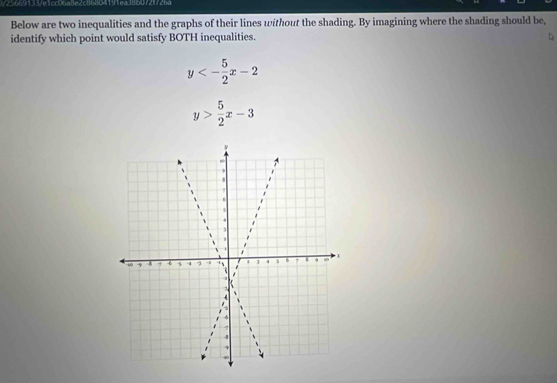 9/25669133/e1cc06a8e2c86804191ea38b072f726a
Below are two inequalities and the graphs of their lines without the shading. By imagining where the shading should be,
identify which point would satisfy BOTH inequalities.
y<- 5/2 x-2
y> 5/2 x-3