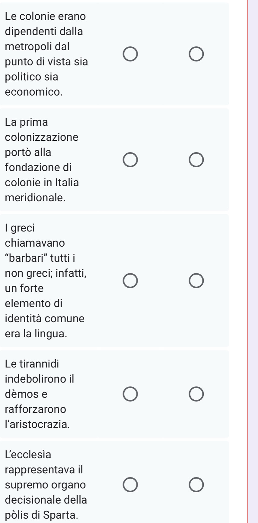 Le colonie erano 
dipendenti dalla 
metropoli dal 
punto di vista sia 
politico sia 
economico. 
La prima 
colonizzazione 
portò alla 
fondazione di 
colonie in Italia 
meridionale. 
I greci 
chiamavano 
“barbari” tutti i 
non greci; infatti, 
un forte 
elemento di 
identità comune 
era la lingua. 
Le tirannidi 
indebolirono il 
dèmos e 
rafforzarono 
l’aristocrazia. 
Lecclesía 
rappresentava il 
supremo organo 
decisionale della 
pòlis di Sparta.