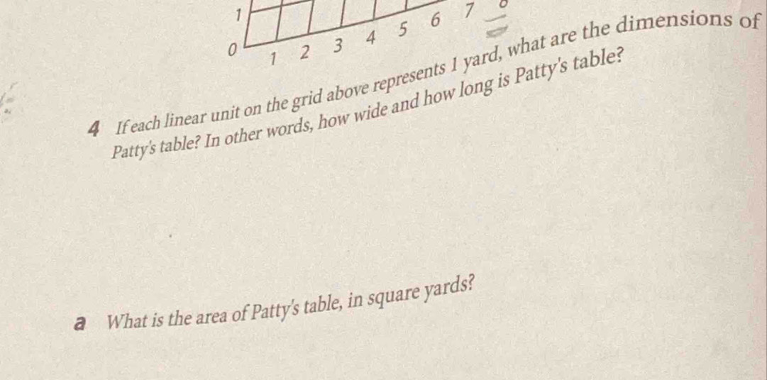 1
0 1 2 3 4 5 6 7 
o 
4 If each linear unit on the grid above represents 1 yard, what are the dimensions of 
Patty's table? In other words, how wide and how long is Patty's tables 
a What is the area of Patty's table, in square yards?