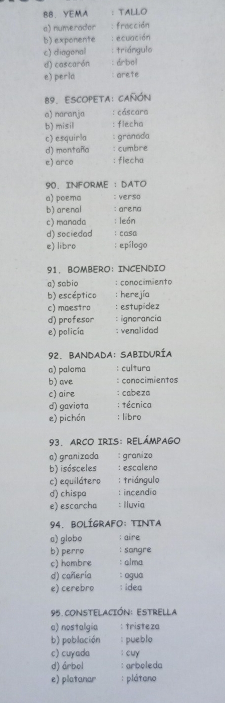 YEMA : TALLO
a) numerador fracción
b) exponente : ecuación
c) diagonal triángulo
d) cascarón árbol
e) perla : arete
89. ESCOPETA: CAÑÓN
a) naranja : cáscara
b) misil : fiecha
c) esquirla ; granada
d) montaña : cumbre
e) arco : flecha
90. INFORME ： DATO
a) poema : verso
b) arenal : arena
c)manada : león
d) sociedad : casa
e) libro : epílogo
91.BOMBERO： INCENDIO
a) sabio : conocimiento
b) escéptico : herejía
c) maestro : estupidez
d) profesor : ignorancia
e) policía : venalidad
92. BanDADA: SABIDURÍA
a) paloma : cultura
b) ave :conocimientos
c) aire : cabeza
d) gaviota : técnica
e) pichón : libro
93. ARCO IRIS: RELÁMPAGO
a) granizada : granizo
b) isósceles : escaleno
c) equilátero : triángulo
d) chispa : incendio
e) escarcha : Iluvia
94. BOLÍGRAFO: TINTA
a) globo : aire
b) perro : sangre
c) hombre :alma
d) cañería ; agua
e) cerebro : idea
95. CONSTELACIÓN: ESTRELLA
a) nostalgia : tristeza
b) población : pueblo
c) cuyada : cuy
d) árbol :arboleda
e) platanar : plátano