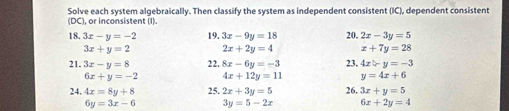 Solve each system algebraically. Then classify the system as independent consistent (IC), dependent consistent 
(DC), or inconsistent (I). 
18. 3x-y=-2 19. 3x-9y=18 20. 2x-3y=5
3x+y=2
2x+2y=4
x+7y=28
21. 3x-y=8 22. 8x-6y=-3 23. 4x-y=-3
6x+y=-2
4x+12y=11
y=4x+6
24. 4x=8y+8 25. 2x+3y=5 26. 3x+y=5
6y=3x-6
3y=5-2x
6x+2y=4