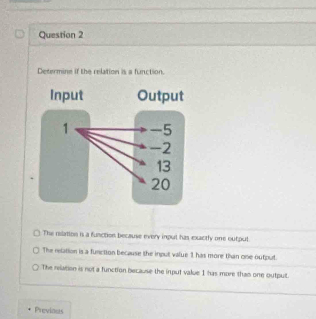 Determine if the relation is a function.
The relation is a function because every input has exactly one output
The relation is a function because the input value 1 has more than one output.
The relation is not a function because the input value 1 has more than one output.
Previous