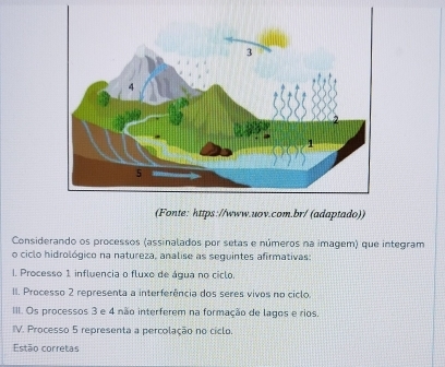 (Fonte: https://www.uov.com.br/ (adaptado)) 
Considerando os processos (assinalados por setas e números na imagem) que integram 
o ciclo hidrológico na natureza, analise as seguintes afirmativas: 
I. Processo 1 influencia o fluxo de água no ciclo. 
II. Processo 2 representa a interferência dos seres vivos no ciclo. 
III. Os processos 3 e 4 não interferem na formação de lagos e rios. 
IV. Processo 5 representa a percolação no ciclo. 
Estão corretas