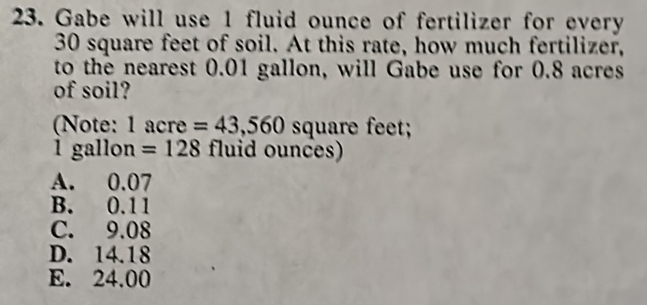 Solved: Gabe will use 1 fluid ounce of fertilizer for every 30 square ...