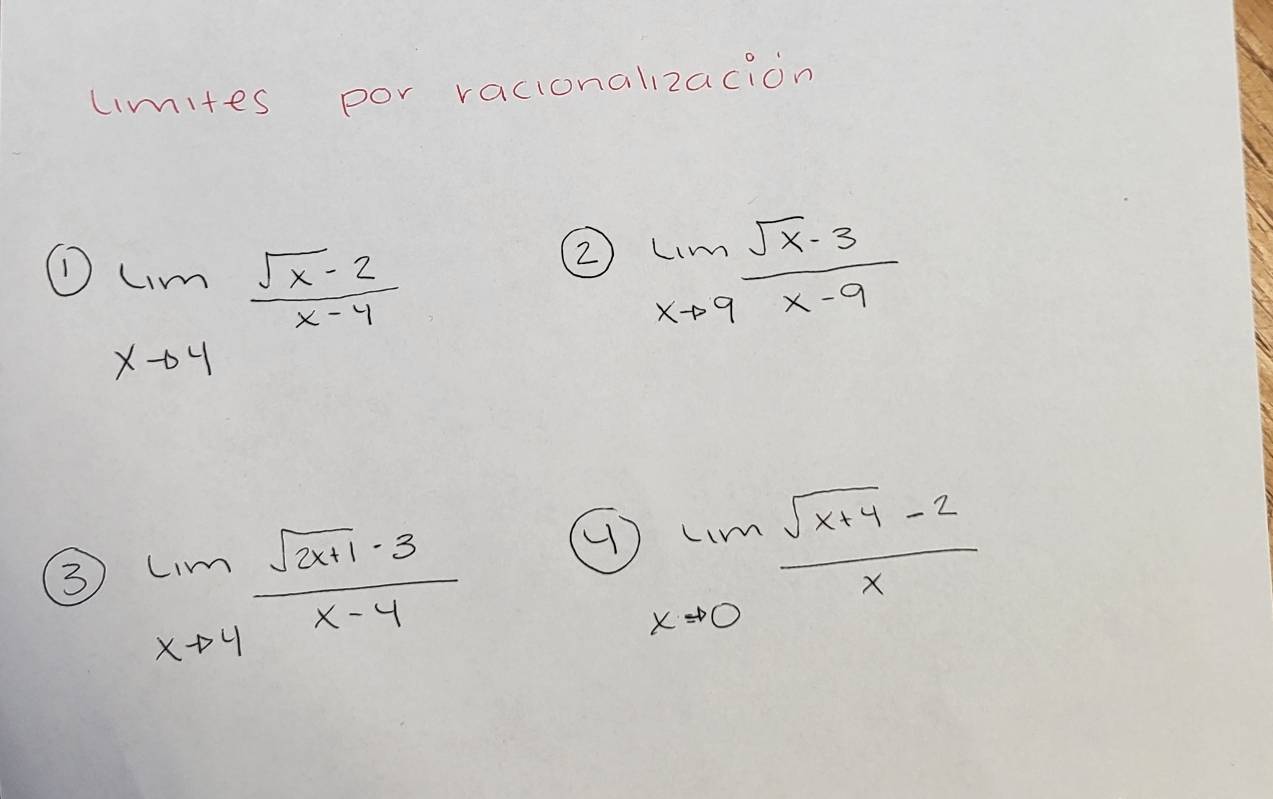 liites por vacionalizacion 
① limlimits _xto 4 (sqrt(x)-2)/x-4 
② limlimits _xto 9 (sqrt(x)-3)/x-9 
limlimits _xto 4 (sqrt(2x+1)-3)/x-4 
limlimits _xto 0 (sqrt(x+4)-2)/x 