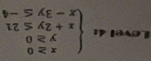 Lovel 4: beginarrayl x≥ 0 y≥ 0 x+2y≤ 21 x-3y≤ -4endarray.