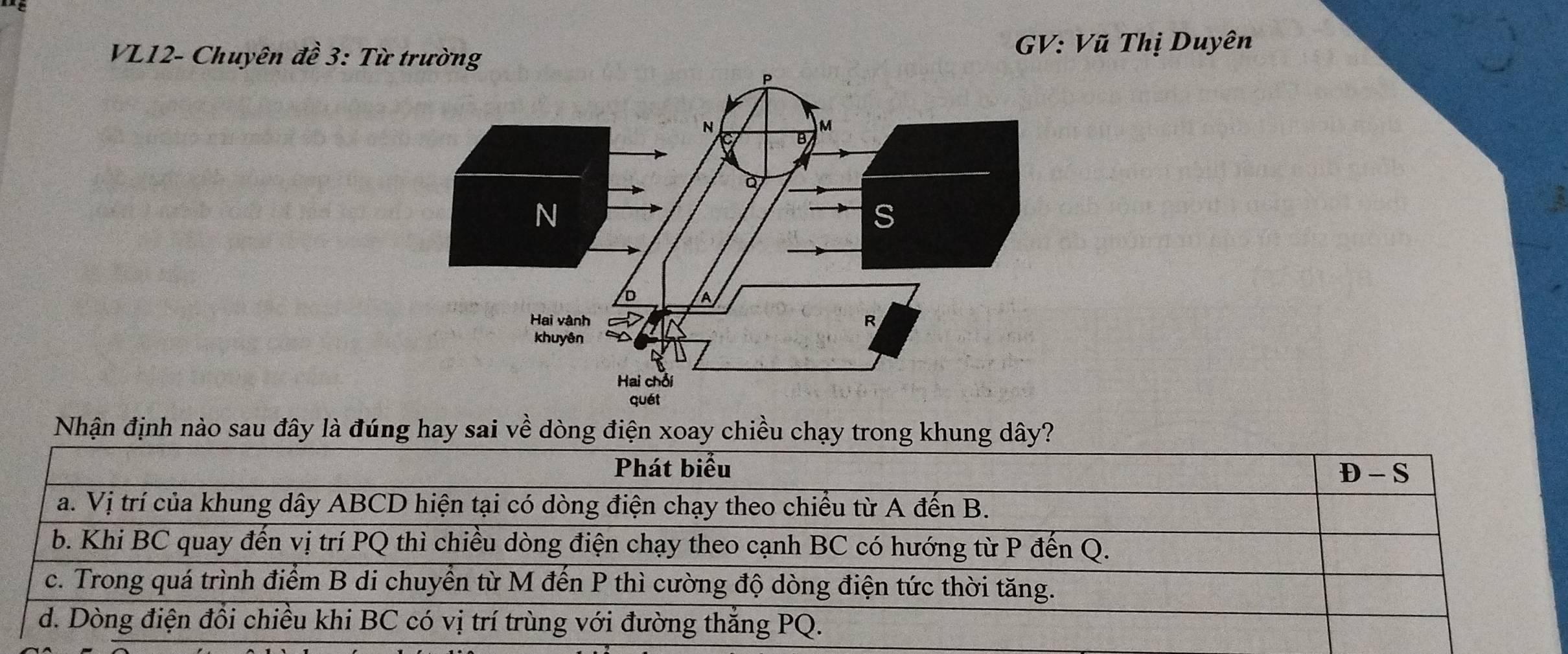 VL12- Chuyên đề 3: Từ trường GV: Vũ Thị Duyên
Nhận định nào sau đây là đúng hay sai về dòng điện xoay chiều chạy trong khung dây?
Phát biểu
D-S
a. Vị trí của khung dây ABCD hiện tại có dòng điện chạy theo chiều từ A đến B.
b. Khi BC quay đến vị trí PQ thì chiều dòng điện chạy theo cạnh BC có hướng từ P đến Q.
c. Trong quá trình điểm B di chuyển từ M đến P thì cường độ dòng điện tức thời tăng.
d. Dòng điện đồi chiều khi BC có vị trí trùng với đường thắng PQ.