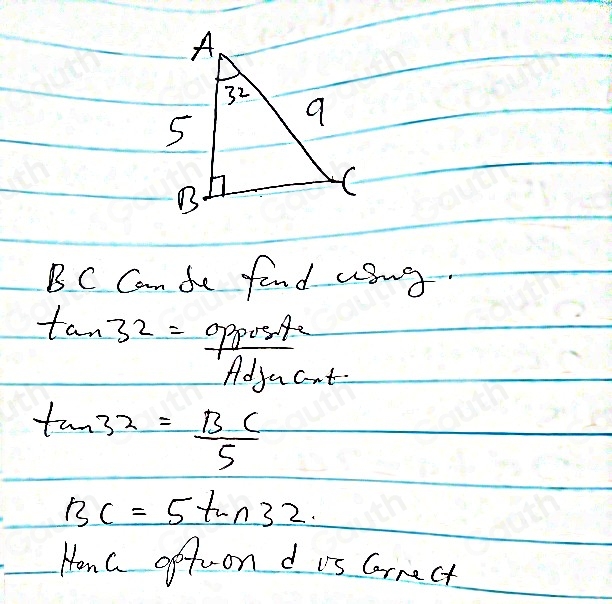 Solved: ABC is a right triangle. m∠ A=32° m∠ B=90°; AC=9 and AB=5 ...