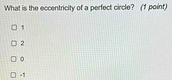 What is the eccentricity of a perfect circle? (1 point)
1
2
0
-1