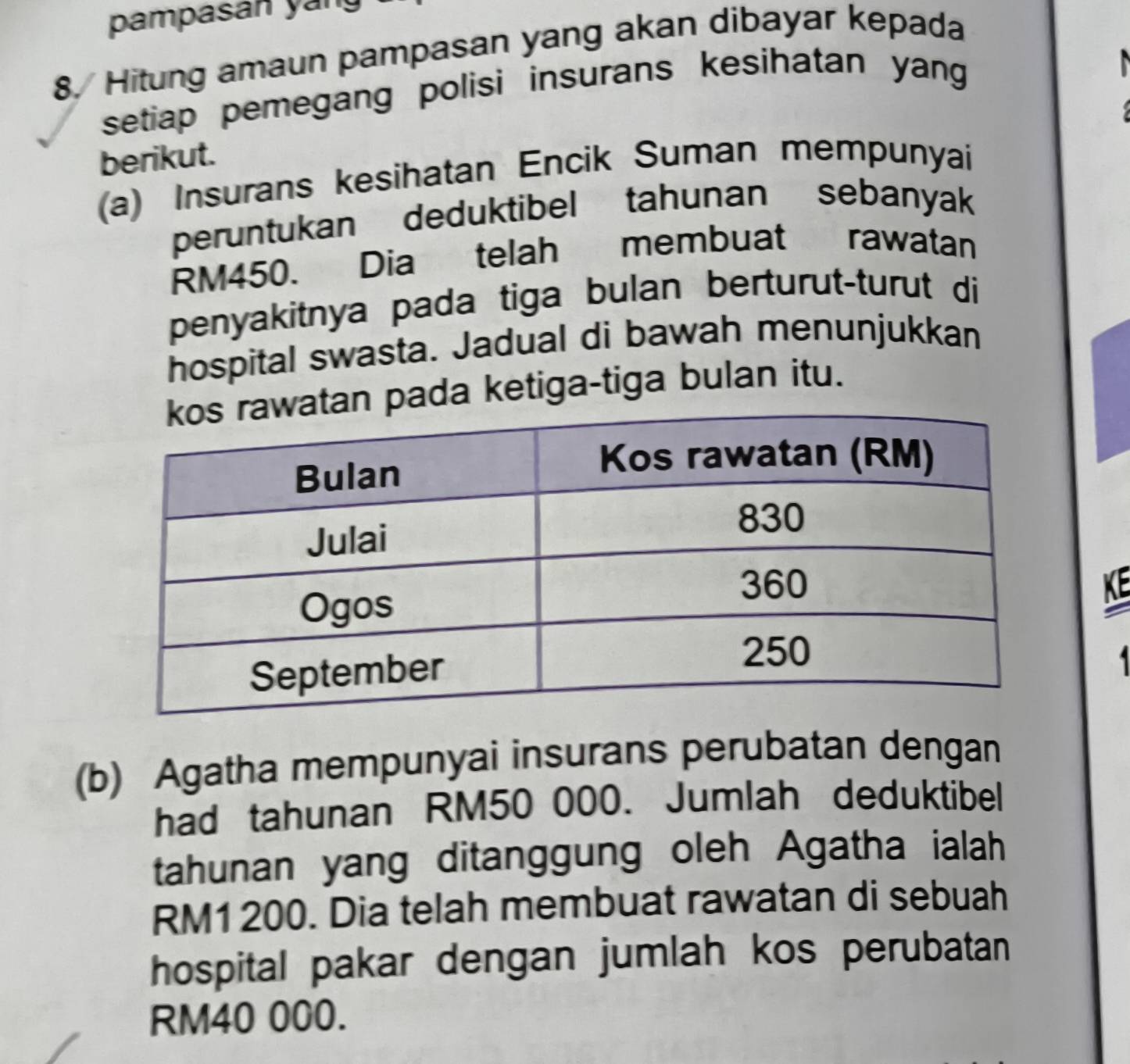 pampasan yan 
8. Hitung amaun pampasan yang akan dibayar kepada 
setiap pemegang polisi insurans kesihatan yang 
berikut. 
(a) Insurans kesihatan Encik Suman mempunyai 
peruntukan deduktibel tahunan sebanyak
RM450. Dia telah membuat rawatan 
penyakitnya pada tiga bulan berturut-turut di 
hospital swasta. Jadual di bawah menunjukkan 
pada ketiga-tiga bulan itu. 
KE 
(b) Agatha mempunyai insurans perubatan dengan 
had tahunan RM50 000. Jumlah deduktibel 
tahunan yang ditanggung oleh Agatha ialah
RM1 200. Dia telah membuat rawatan di sebuah 
hospital pakar dengan jumlah kos perubatan
RM40 000.