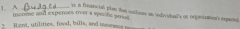 A_ 
is a financial plan that outlines an individual's or organization's expected 
income and expenses over a specific period. 
2. Rent, utilities, food, bills, and insurance