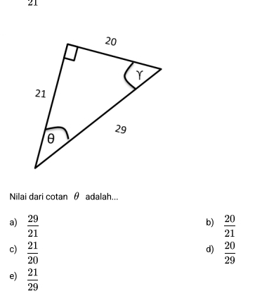 Nilai dari cotan θ adalah...
a)  29/21   20/21 
b)
c)  21/20   20/29 
d)
e)  21/29 