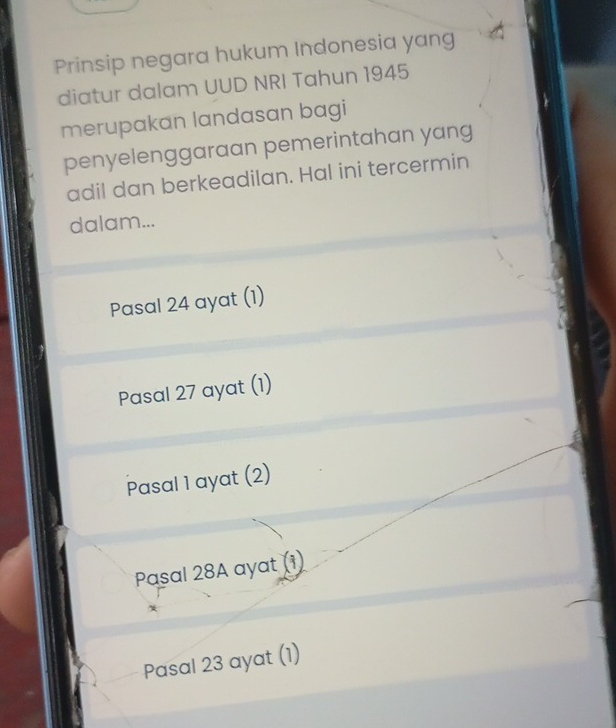 Prinsip negara hukum Indonesia yang
diatur dalam UUD NRI Tahun 1945
merupakan landasan bagi
penyelenggaraan pemerintahan yang
adil dan berkeadilan. Hal ini tercermin
dalam...
Pasal 24 ayat (1)
Pasal 27 ayat (1)
Pasal 1 ayat (2)
Pasal 28A ayat (1)
Pasal 23 ayat (1)