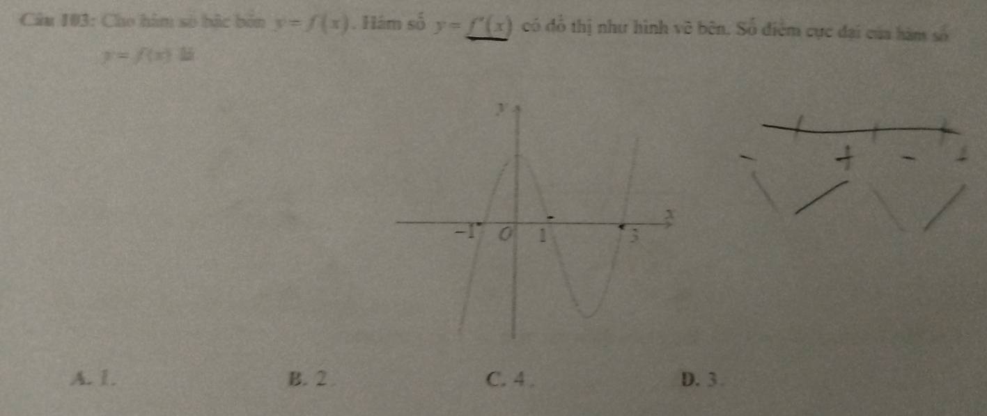 Cho him số bắc bản y=f(x). Hám số y=_ f'(x) có đồ thị như hình về bên. Số điểm cực đại của hàm số
y=f(x)15
4
A. 1. B. 2 C. 4. D. 3