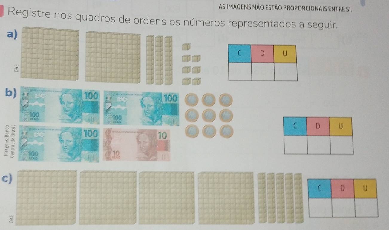 AS IMAGENS NÃO ESTÃO PROPORCIONAIS ENTRE SI. 
Registre nos quadros de ordens os números representados a seguir. 
a) 
: 
b)
100 100
100 100
Ift
1 100 10
100
10
c)