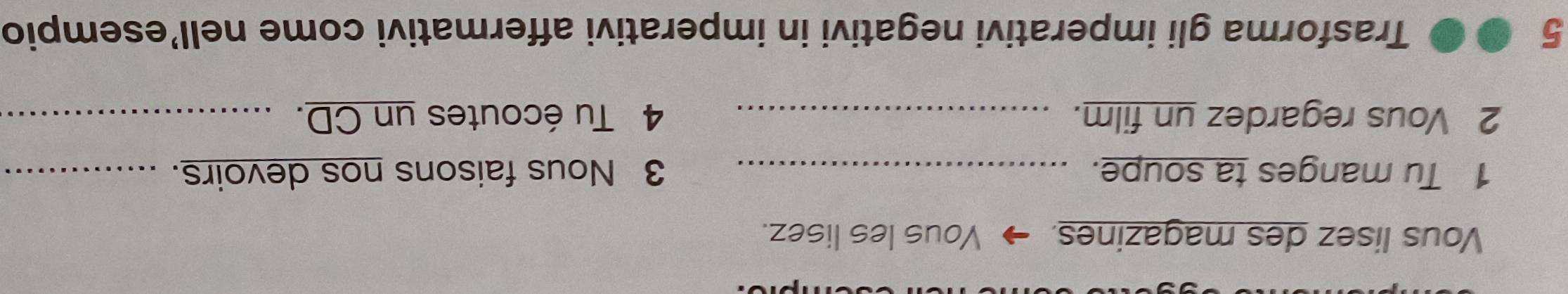 Vous lisez des magazines. Vous les lisez. 
1 Tu manges ta soupe. _3 Nous faisons nos devoirs._ 
2 Vous regardez un film. _4 Tu écoutes un CD._ 
5 Trasforma gli imperativi negativi in imperativi affermativi come nell’esempio