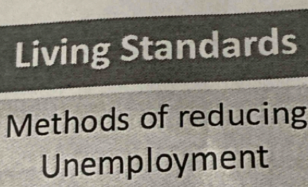 Living Standards 
Methods of reducing 
Unemployment