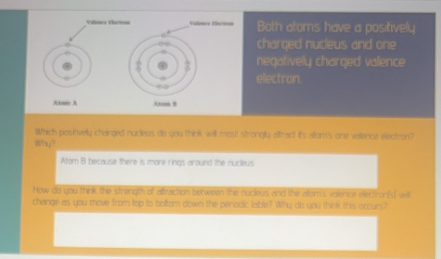 Vallence Clectron Valence Élecson Both atoms have a positively 
charged nucleus and one 
negatively charged valence 
electron. 
trm Anem 8 
Which positivelly charged nucleus do you think will most strongly altract its alom's one vallence ellectron? 
WHy? 
Atorn B because there is more rings around the nuclieus 
How do you think the strength of altraction berween the nucieus and the alem's vallence electron(s) will 
change as you move from top to boltom down the penodic lable? Why do you think this occurs?