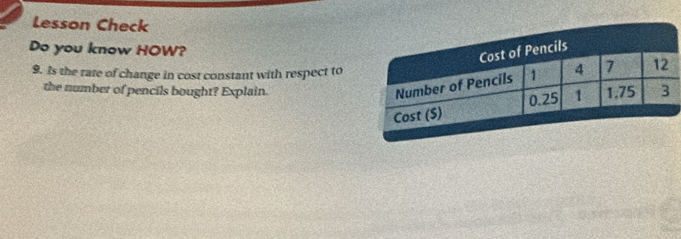 Lesson Check 
Do you know HOW? 
9. Is the rate of change in cost constant with respect to 
the number of pencils bought? Explain.