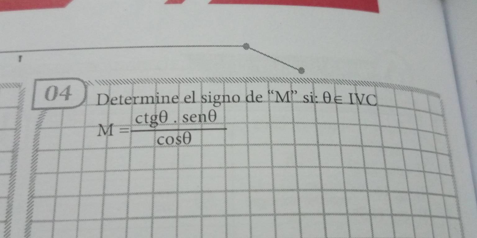 Resuelto:Determine el signo de “ M'' si θ ∈ IVC M= (ctg θ .sen θ )/cos θ