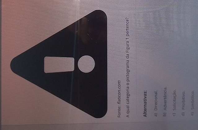 Fonte: flaticon.com
A qual categoria o pictograma da Figura 1 pertence?
Alternativas:
a) Direcional.
b) Advertência.
() Solicitação.
d) Proibitivo.
e). Simbólico.