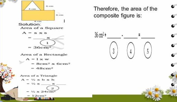 Therefore, the area of the 
composite figure is: 
Area of a Square
A=8* 8
# _x_
36cm^2+ _ ._ :_ 
1
=36cm^2
Area of a Rectangle 
3 4 5
A=1* w
=8cm^2* 6cm^2
=48cm^2
Area of a Triangle
A=1/2* b* h
=1/2* _ _ x _ 
2
=1/2* 24cm^2
=12cm^2