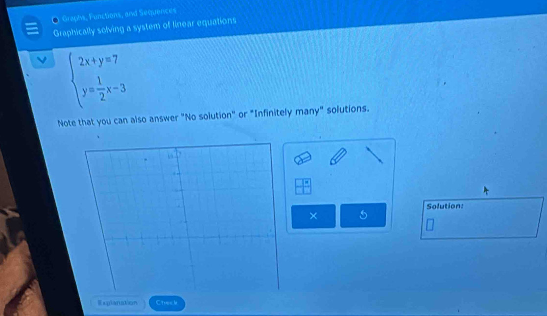 Graphs, Functions, and Sequences 
Graphically solving a system of linear equations 
V beginarrayl 2x+y=7 y= 1/2 x-3endarray.
Note that you can also answer "No solution" or "Infinitely many" solutions. 
Solution: 
× 
Explanation Check