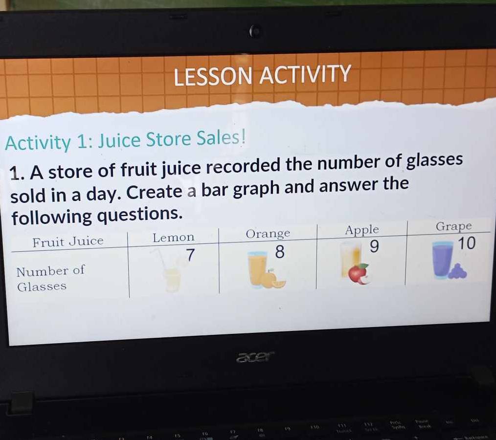 LESSON ACTIVITY 
Activity 1: Juice Store Sales! 
1. A store of fruit juice recorded the number of glasses 
sold in a day. Create a bar graph and answer the 
stions.
19 , 10 m
15