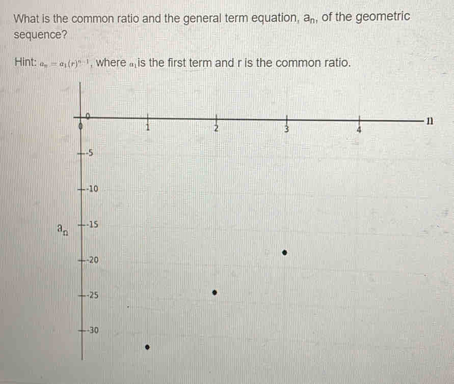 What is the common ratio and the general term equation, a_n , of the geometric
sequence?
Hint: a_n=a_1(r)^n-1 , where  is the first term and r is the common ratio.