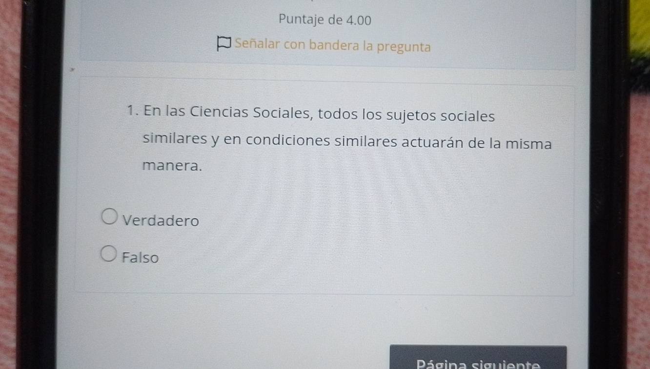 Puntaje de 4.00
Señalar con bandera la pregunta
1. En las Ciencias Sociales, todos los sujetos sociales
similares y en condiciones similares actuarán de la misma
manera.
Verdadero
Falso
Página siguiente