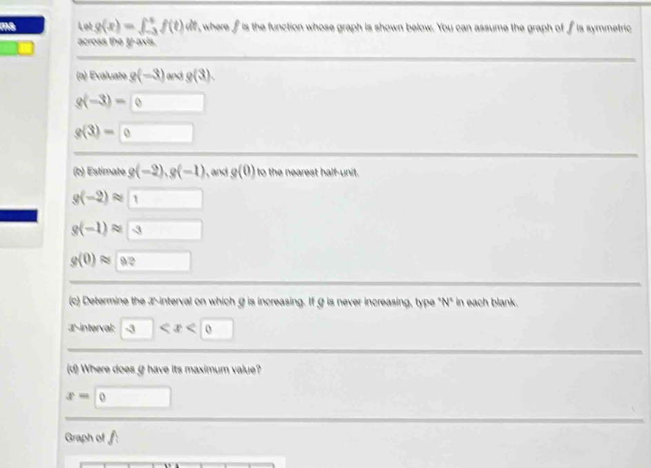 ms Lot g(x)=∈t _(-3)^(+5)f(t) dt , where fis the function whose graph is shown below. You can assume the graph of fis symmetric 
across the _/-axis. 
(a) Evaluate g(-3) and g(3).
g(-3)=0
g(3)=0 □ 
(b) Estimate g(-2), g(-1) , and g(0) to the nearest half-unit.
g(-2)approx 1
g(-1)approx □ 3
g(0)approx □ 92
(c) Determine the T -interval on whichσ is increasing. If Ø is never increasing, type ''N'' in each blank. 
æ-interval: -3
(d) Where does g have its maximum value?
x=0 □ 
Graph of