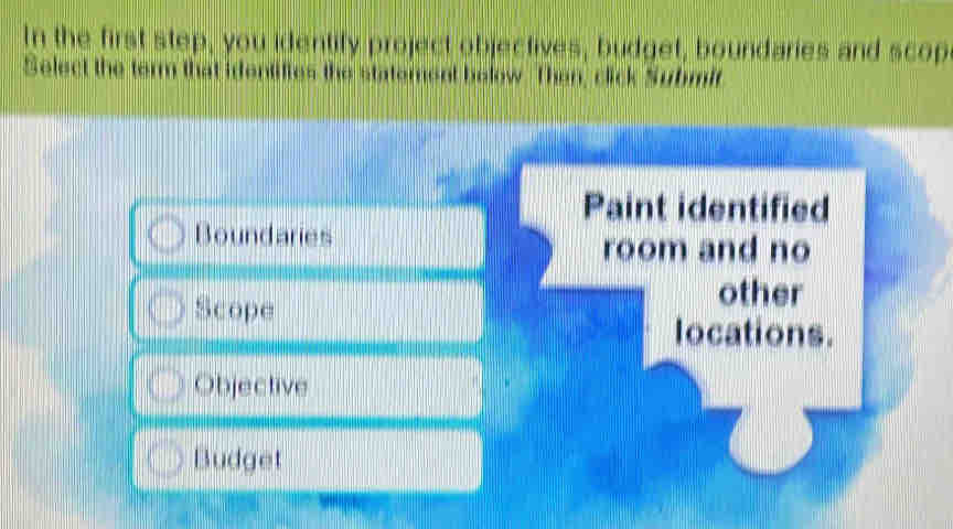 In the first step, you identify project objectives, budget, boundaries and scop
Select the term that identiftes the statement below. Then, click Submit
Paint identified
Boundaries
room and no
other
Scope locations.
Objective
Budget