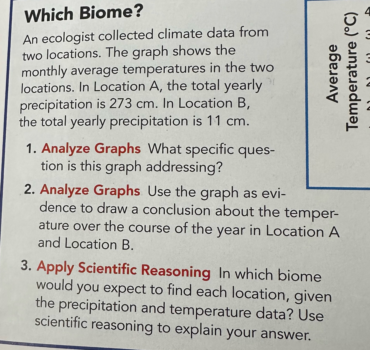 Which Biome? 
An ecologist collected climate data from 
two locations. The graph shows the 
monthly average temperatures in the two 
locations. In Location A, the total yearly 

precipitation is 273 cm. In Location B, 
the total yearly precipitation is 11 cm. 
1. Analyze Graphs What specific ques- 
tion is this graph addressing? 
2. Analyze Graphs Use the graph as evi- 
dence to draw a conclusion about the temper- 
ature over the course of the year in Location A 
and Location B. 
3. Apply Scientific Reasoning In which biome 
would you expect to find each location, given 
the precipitation and temperature data? Use 
scientific reasoning to explain your answer.