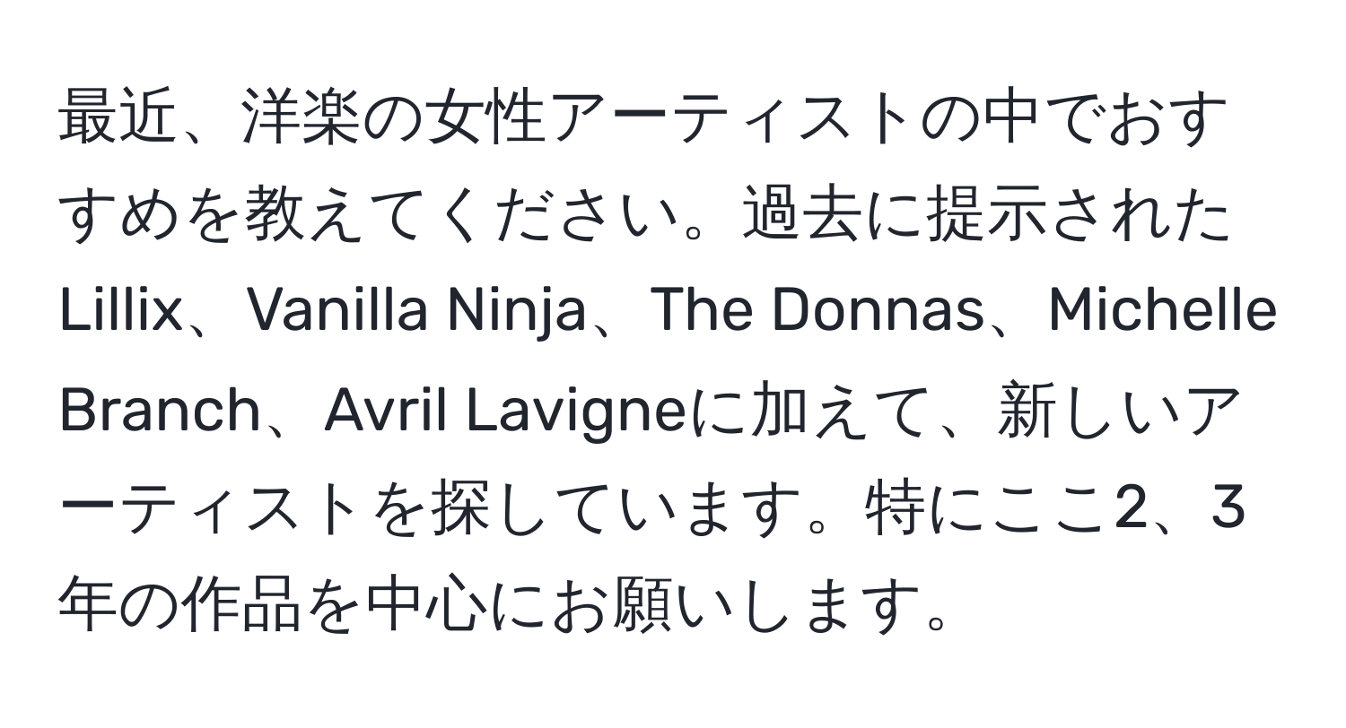 最近、洋楽の女性アーティストの中でおすすめを教えてください。過去に提示されたLillix、Vanilla Ninja、The Donnas、Michelle Branch、Avril Lavigneに加えて、新しいアーティストを探しています。特にここ2、3年の作品を中心にお願いします。