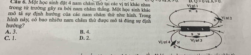 A>0. D. Q>0 và A>0. 
Cầu 6. Một học sinh đặt 4 nam châm thử tại các vị trí khác nhau
trong từ trường gây ra bởi nam châm thẳng. Một học sinh khác 
mô tả sự định hướng của các nam châm thử như hình. Trong 
hình này, có bao nhiêu nam châm thử được mô tả đúng sự định
hướng?
A. 3. B. 4.
C. 1. D. 2.