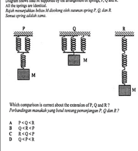 Diagram shows lo8d M supported by the arrangement of springs, P. Q and R
All the springs are identical.
Rajah menunjukkan beban M disokong oleh susunan spring P, Q, dan R
Semua spring adalah sama.
P
Q
R
* '''I''I''1.
M
5
M
B
M
Which comparison is correct about the extension of P, Q and R ?
Perbandingan manakah yang betul tentang pemanjangan P, Q dan R ?
A P
B Q
C R
D Q