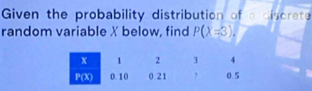 Given the probability distribution of a discrete 
random variable X below, find P(X=3).