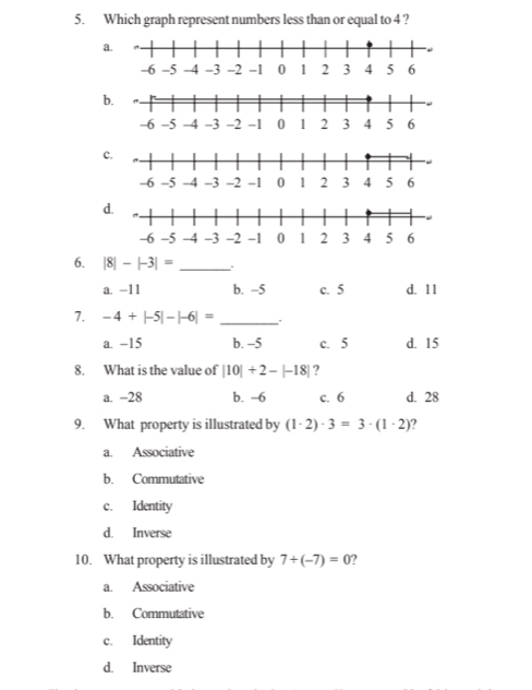 Which graph represent numbers less than or equal to 4 ?
a
b
c.
d.
6. |8|-|-3|= _.
a. -11 b. -5 c. 5 d. 11
7. -4+|-5|-|-6|= _
a. −15 b. -5 c. 5 d. 15
8. What is the value of |10|+2-|-18| ?
a. −28 b. -6 c. 6 d. 28
9. What property is illustrated by (1· 2)· 3=3· (1· 2) ?
a. Associative
b. Commutative
c. Identity
d. Inverse
10. What property is illustrated by 7+(-7)=0 2
a. Associative
b. Commutative
c. Identity
d. Inverse