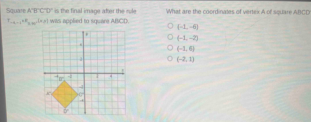 Square A''B''C''D'' is the final image after the rule What are the coordinates of vertex A of square ABCD
T_-4,-1circ R_0,90°(x,y) was applied to square ABCD.
(-1,-6)
(-1,-2)
(-1,6)
(-2,1)