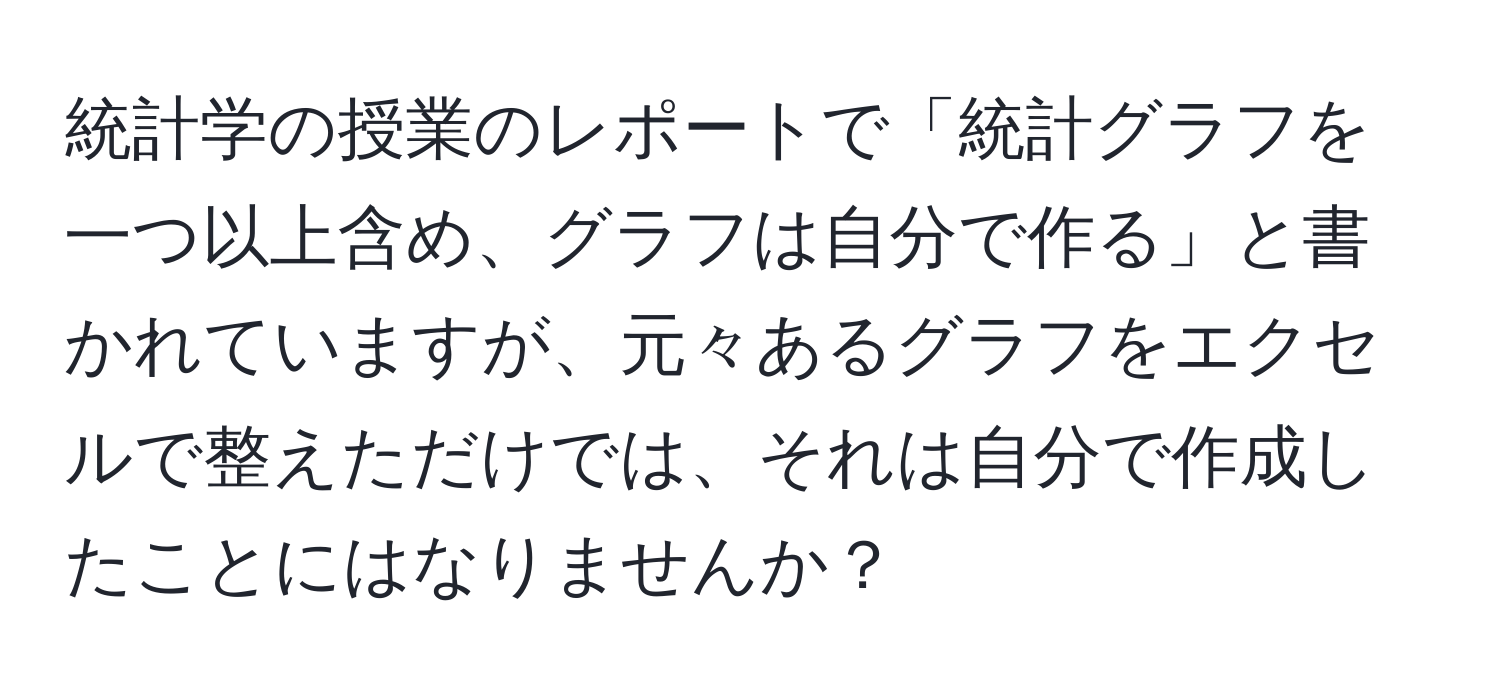 統計学の授業のレポートで「統計グラフを一つ以上含め、グラフは自分で作る」と書かれていますが、元々あるグラフをエクセルで整えただけでは、それは自分で作成したことにはなりませんか？