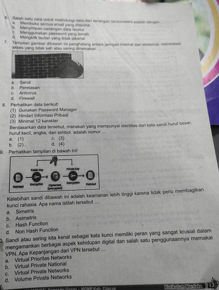 Salah satu cara untuk melindungi data dari serangan ransomware adalah dengan
a. Membuka semua email yang diterima
b. Menyimpan cadangan data teratur. Menggunakan password yang lemah
d. Mengklik tautan yang tidak dikenal
7. Tampilan gambar dibawah ini penghalang antara jaringan internal dan eksternal, membatasi
akses yang tidak sah atau sering dinamakan ...
a. Sandi
b. Peretasan
c. Antivirus
d. Firewall
8. Perhatikan data berikut!
(1) Gunakan Password Manager
(2) Hindari Informasi Pribadi
(3) Minimal 12 karakter
Berdasarkan data tersebut, manakah yang mempunyai identitas dari kata sandi huruf besar,
huruf kecil, angka, dan simbol. adalah nomor ....
a. (1) c. (3)
b. (2) d. (4)
9. Perhatikan tampilan di bawah ini!
Kelebihan sandi dibawah ini adalah keamanan lebih tinggi karena tidak perlu membagikan
kunci rahasia. Apa nama istilah tersebut ....
a. Simetris
b. Asimetris
c. Hash Function
d. Non Hash Function
. Sandi atau sering kita kenal sebagai kata kunci memiliki peran yang sangat krusial dalam
mengamankan berbagai aspek kehidupan digital dan salah satu penggunaannya memakai
VPN. Apa Kepanjangan dari VPN tersebut ...
a. Virtual Prioritas Networks
b. Virtual Private National
c. Virtual Private Networks
d. Volume Private Networks
Kurikulum Merdeka