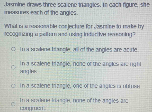 Solved: Jasmine draws three scalene triangles. In each figure, she ...