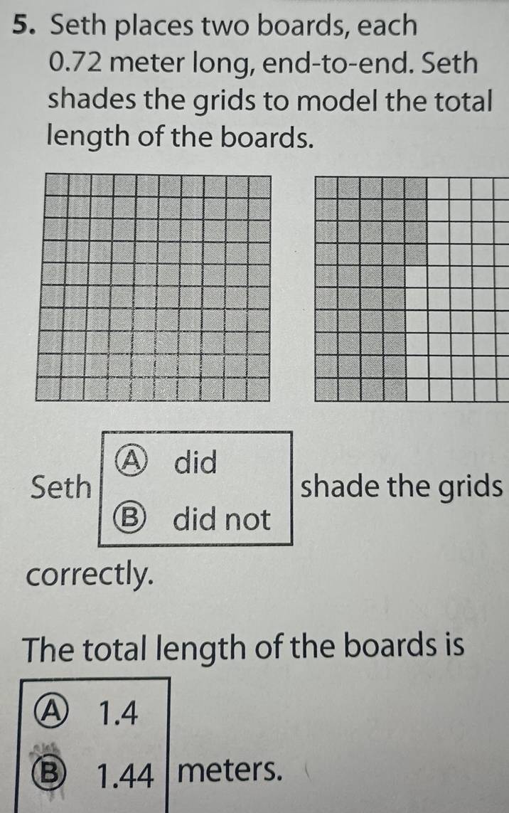 Seth places two boards, each
0.72 meter long, end-to-end. Seth
shades the grids to model the total
length of the boards.
④ did
Seth shade the grids
Ⓑ did not
correctly.
The total length of the boards is
Ⓐ 1.4
Ⓑ 1.44 meters.