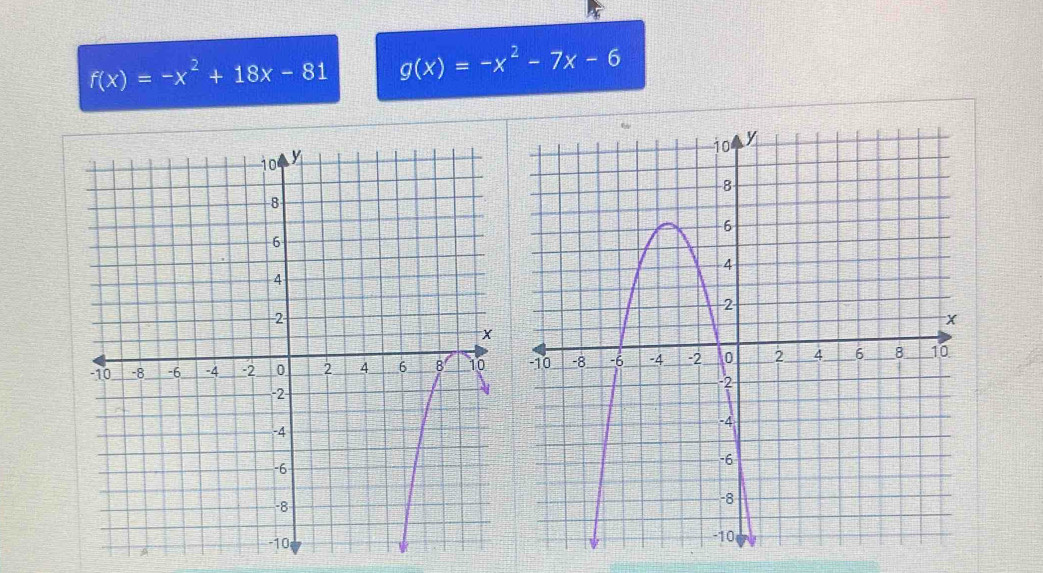 f(x)=-x^2+18x-81 g(x)=-x^2-7x-6