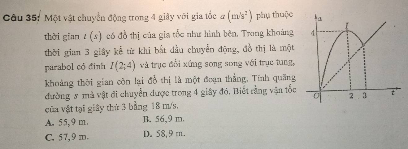 Một vật chuyển động trong 4 giây với gia tốc a (m/s^2) phụ thuộc 
thời gian t(s) có đồ thị của gia tốc như hình bên. Trong khoảng 
thời gian 3 giây kể từ khi bắt đầu chuyển động, đồ thị là một
parabol có đỉnh I(2;4) và trục đối xứng song song với trục tung,
khoảng thời gian còn lại đồ thị là một đoạn thẳng. Tính quãng
đường s mà vật di chuyển được trong 4 giây đó. Biết rằng vận tốc
của vật tại giây thứ 3 bằng 18 m/s.
A. 55,9 m. B. 56,9 m.
C. 57,9 m. D. 58,9 m.